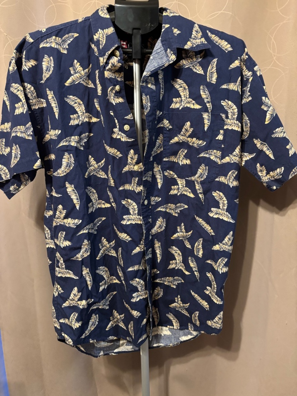 Chaps Navy Short-Sleeve Button-Down with Cream Leaf Print